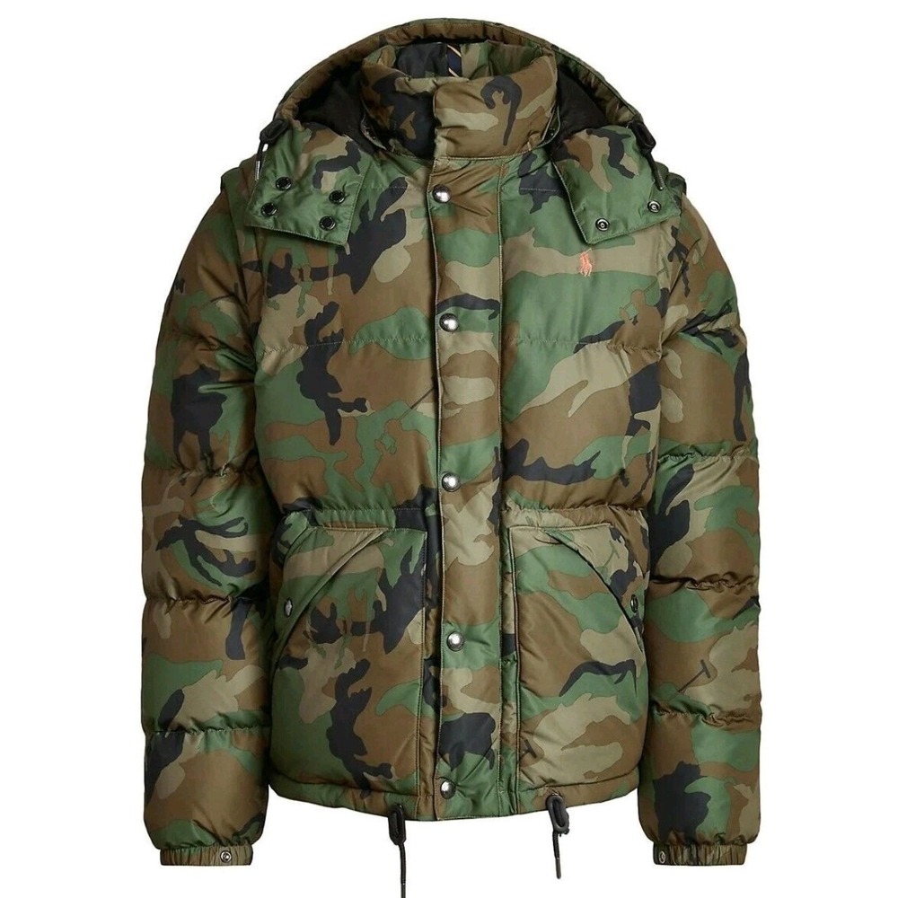 Polo Ralph Lauren Camo Boulder Down Puffer Jacket Men L Leather Trim Hooded NWOT